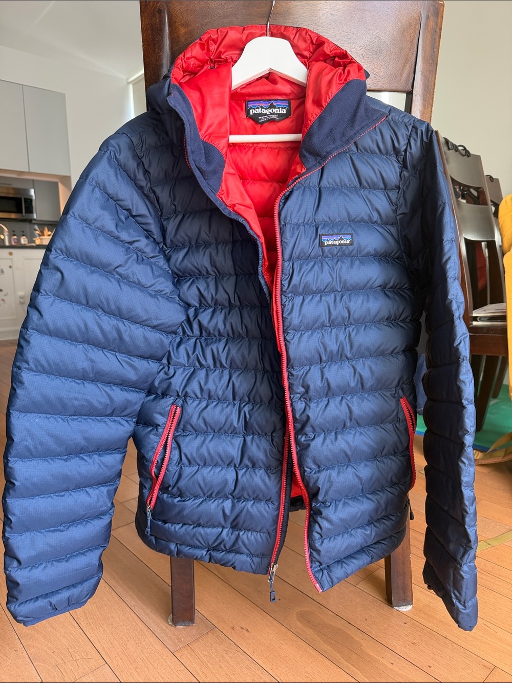 Patagonia Navy Puffer Jacket with Red Interior